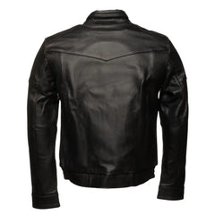Back view of the Huxley jacket showing the broad-shouldered silhouette and clean leather panels designed for a masculine, classic profile.