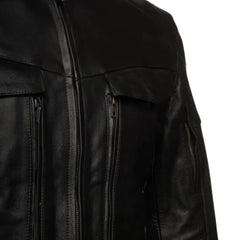 Close-up of the heavy-duty cowhide leather on the Huxley, highlighting the durable grain and reinforced double-stitching at the seams.