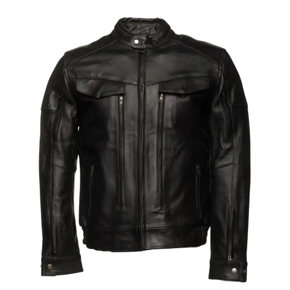 Front view of the Huxley black leather jacket, featuring a robust, structured fit with a center-zip closure and dual zippered chest pockets.
