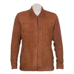 Front view of Jace tan suede leather jacket on a mannequin against a white background