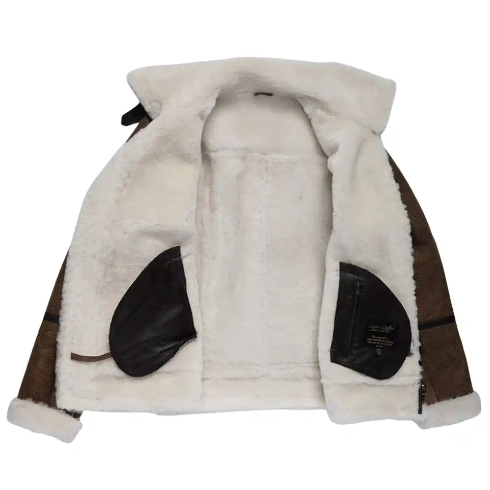 Inside view showing the full cream shearling lining of the Jacoba bomber jacket, designed for maximum warmth and comfort.