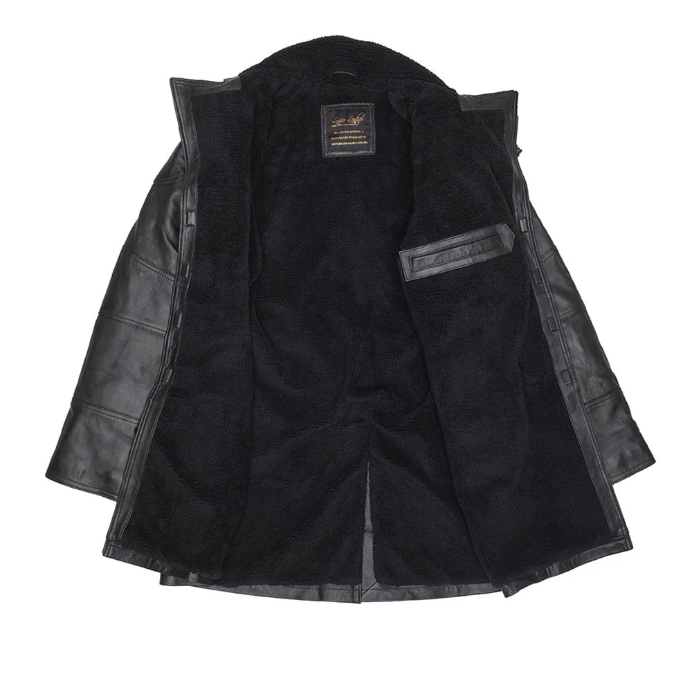 Interior view of James' Tempest black leather trench coat, showing the premium insulated lining, internal chest pocket, and high-quality craftsmanship.