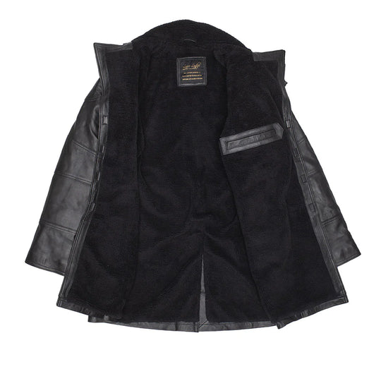 Interior view of James' Tempest black leather trench coat, showing the premium insulated lining, internal chest pocket, and high-quality craftsmanship.