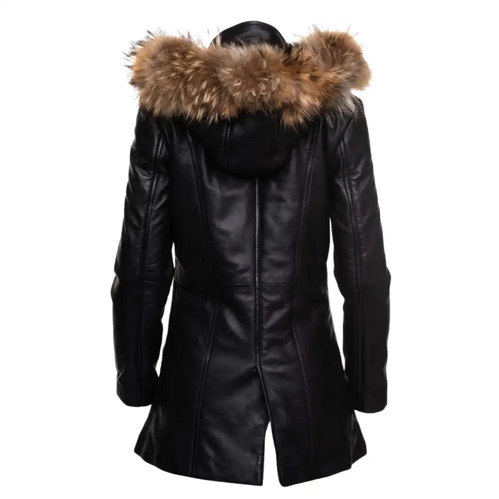 Rear view of Jazmyn's longline winter coat on a mannequin, highlighting the voluminous real fox fur trim hood on a white background.