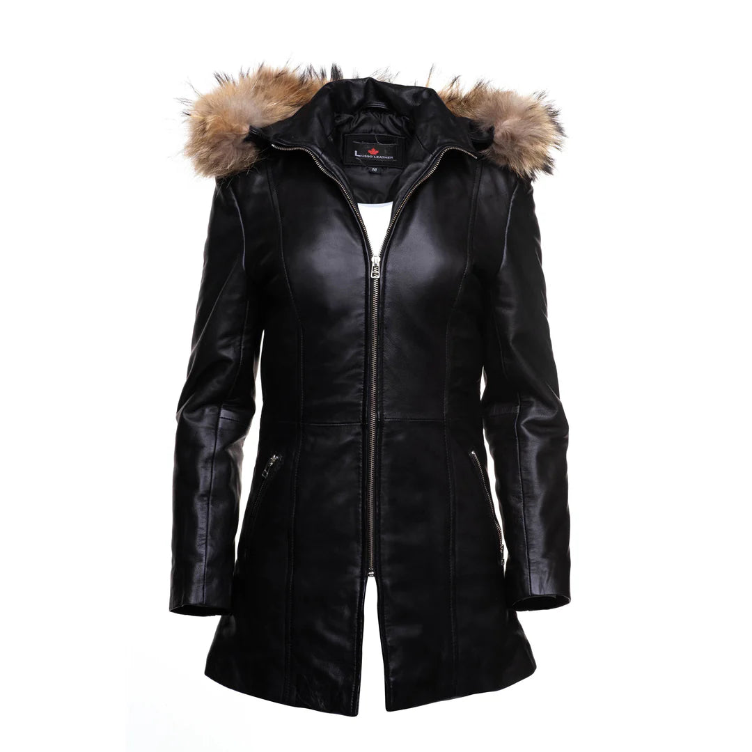 Front view of Jazmyn's longline winter coat on a mannequin, highlighting the voluminous real fox fur trim and zip closure.