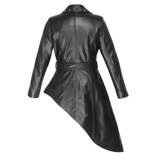 Back view of the Jennifer black asymmetrical dress, highlighting the sleek fit and leather belt.
