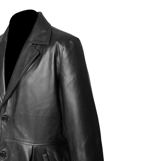 Close-up of the durable, shoulder side profile on the Jensen black leather long coat.
