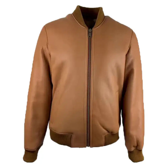 Front view of the Jonathan Tan shearling bomber jacket, showcasing its tan leather with ribbed cuffs and waistband, zipper closure, and a simple design.