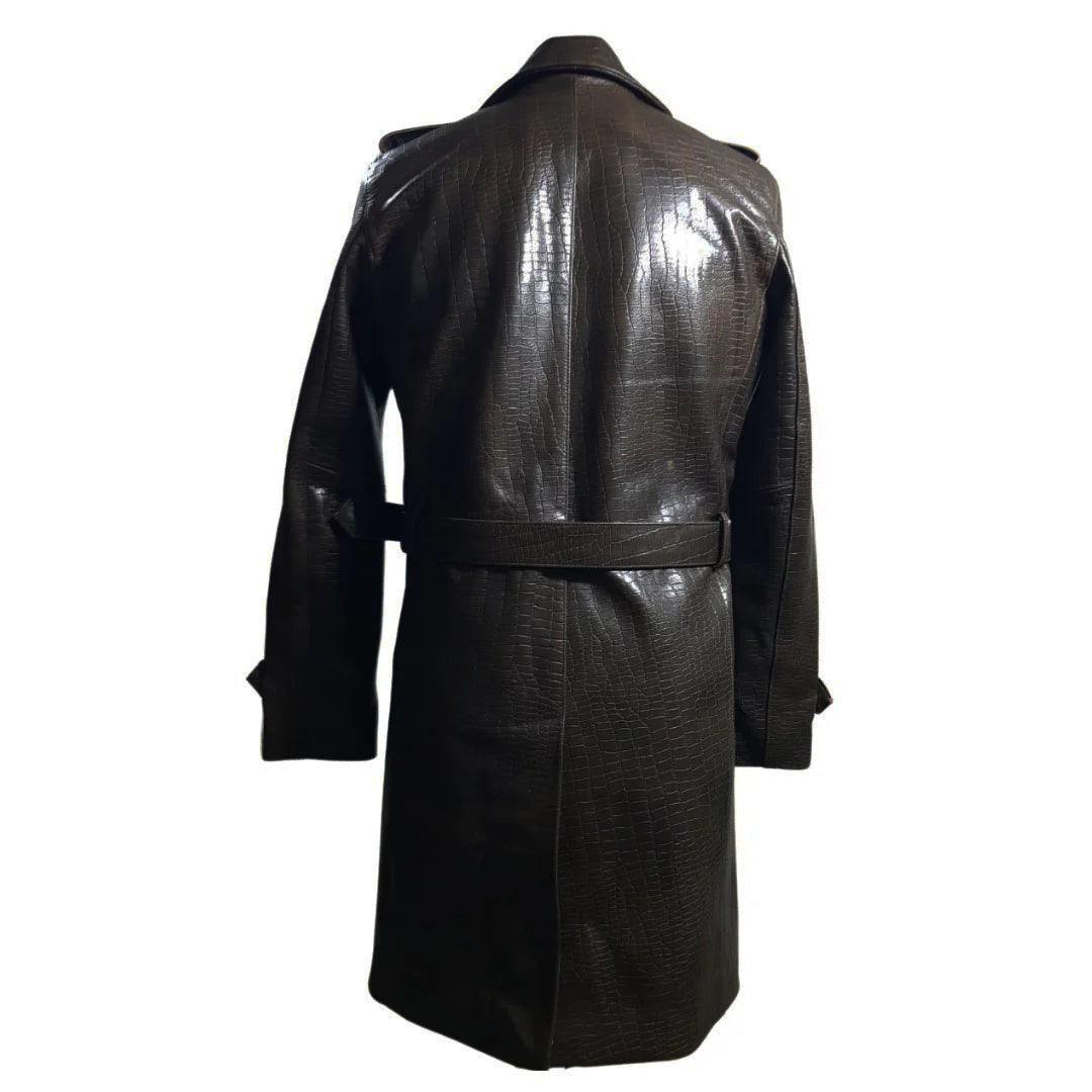 Back view of Jonathan's elegant croc print overcoat, highlighting the uniform pattern and structured longline silhouette.
