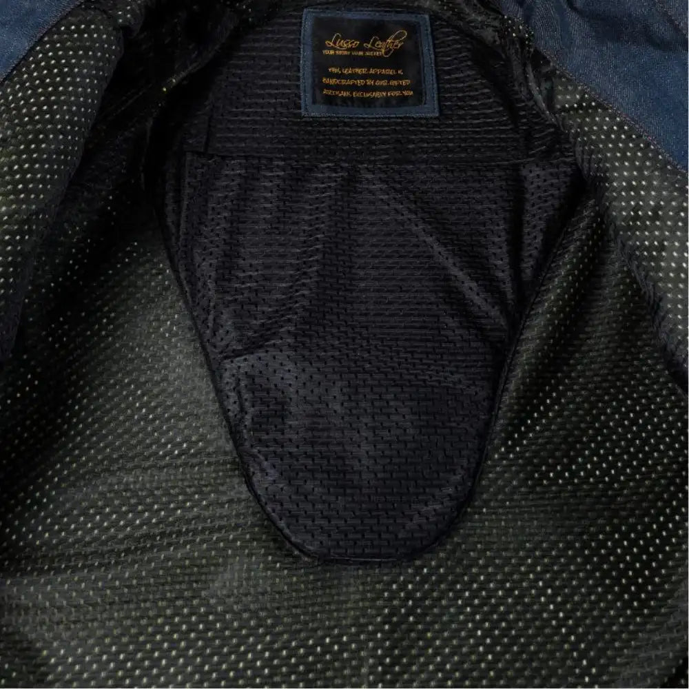 Inside look at the Julian jacket revealing the full-body Kevlar reinforcement lining and the dedicated pockets for removable back, shoulder, and elbow armor.