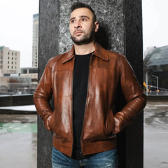 Model wearing Kai Classic Two Tone Brown Leather Jacket two tone leather jacket outfit