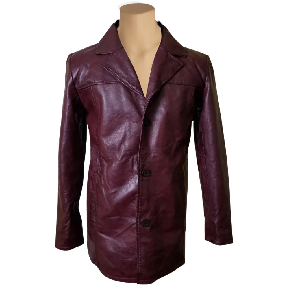 Front view of Krueger's maroon leather blazer featuring a classic notched lapel, two-button front closure, and two flap waist pockets on a white background.
