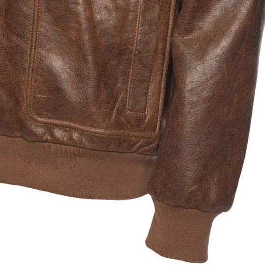 Close-up view of the ribbed knitted cuffs on Laurent Vintage Brown A2 Bomber Jacket, designed for comfort and style.
