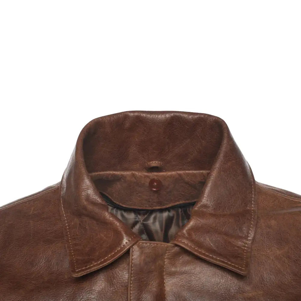Detailed view of the shirt-style collar on Laurent Vintage Brown A2 Bomber Jacket, highlighting the smooth leather craftsmanship.