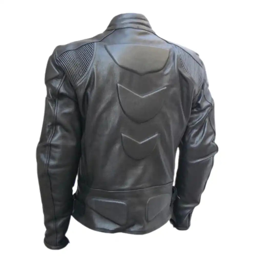 Back view showing the clean leather construction with a dedicated internal pocket for a back protector and accordion stretch panels for movement.