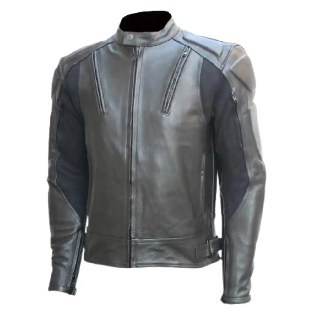 Front view of a classic black leather motorcycle jacket featuring integrated CE-rated armor at the shoulders and elbows for a discreet, protective silhouette.