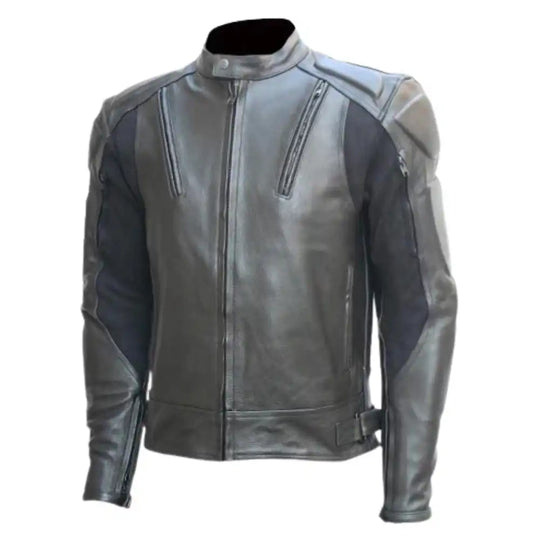 Front view of a classic black leather motorcycle jacket featuring integrated CE-rated armor at the shoulders and elbows for a discreet, protective silhouette.