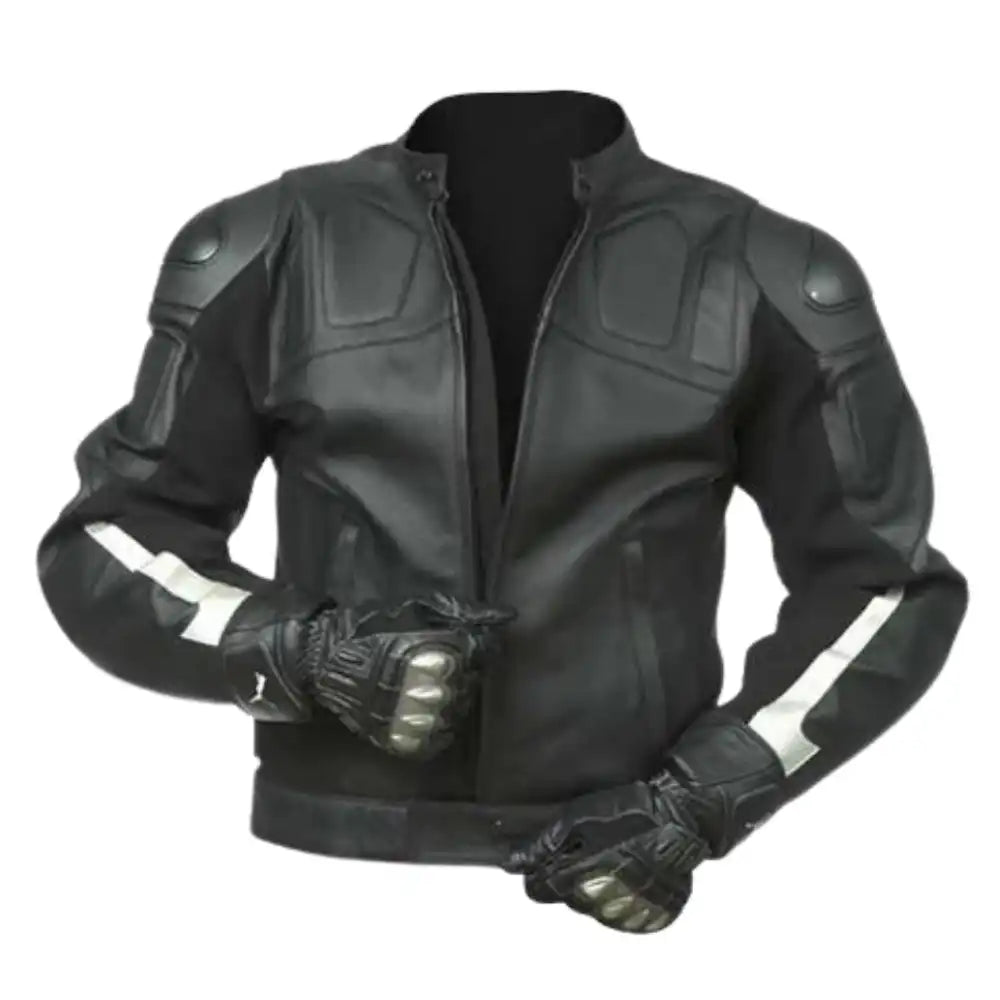 Front view of a leather motorcycle racer jacket, featuring a pre-curved ergonomic fit and integrated armor at the shoulders and elbows.