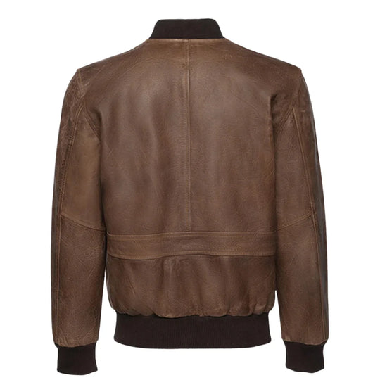 Levi Brown Oiled Leather Bomber Jacket back view brown leather bomber jacket