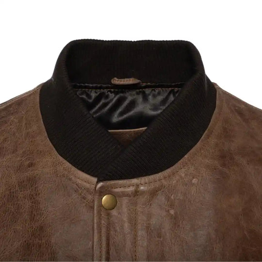 Levi Brown Oiled Leather Bomber Jacket close up bomber collar detail