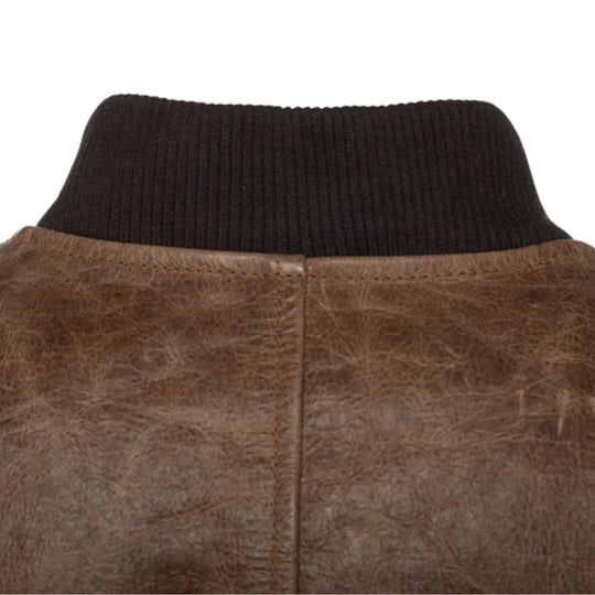 Levi Brown Oiled Leather Bomber Jacket collar stitching detail