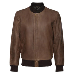 Levi Brown Oiled Leather Bomber Jacket front view brown oiled leather bomber jacket