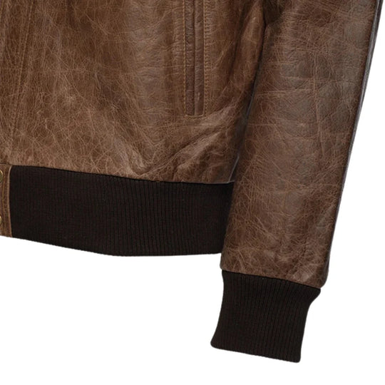 Levi Brown Oiled Leather Bomber Jacket ribbed cuffs detail bomber jacket