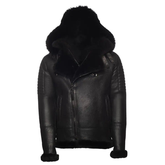 Front view of the Lucas Black Aviator Bomber Shearling Jacket with Hoodie, showcasing the black leather exterior and shearling lining with a stylish hood.