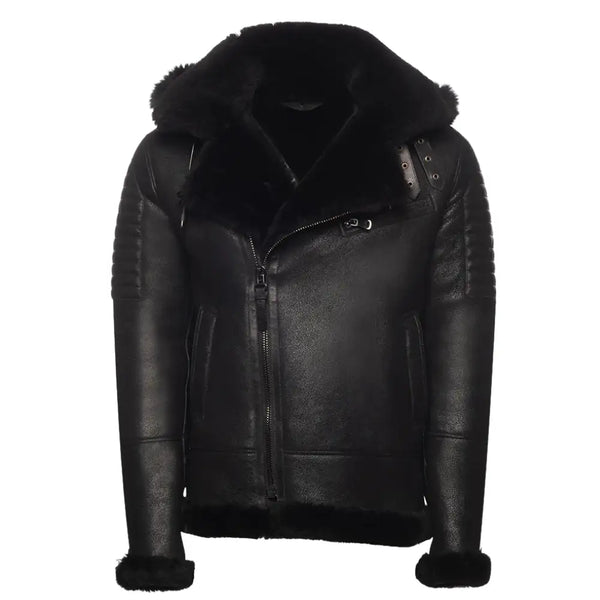 Lucas Black Aviator bomber shearling jacket with Hoodie