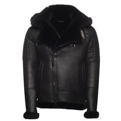 Front view of the Lucas Black Aviator Bomber Shearling Jacket with Hoodie, showcasing its modern design and premium shearling and leather craftsmanship.