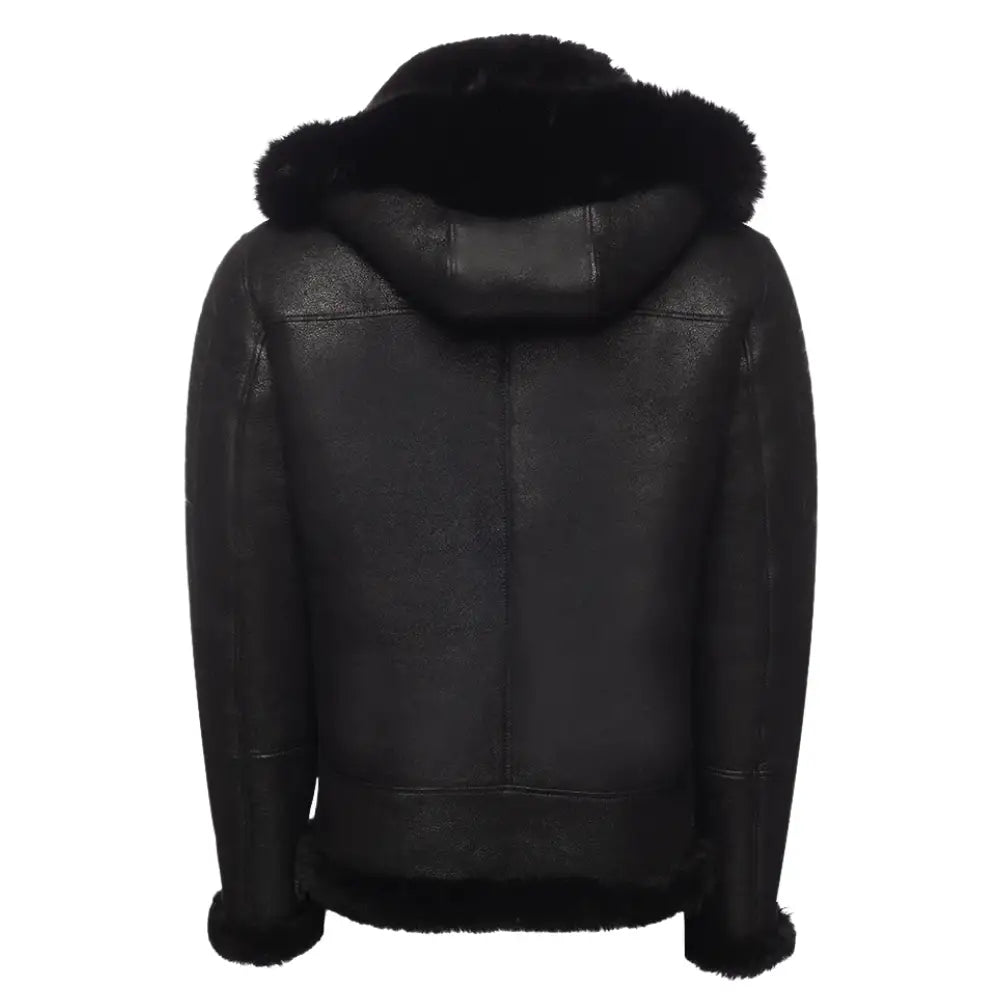 Back view of the Lucas Black Aviator Bomber Shearling Jacket, displaying the sleek leather design and cozy shearling interior.