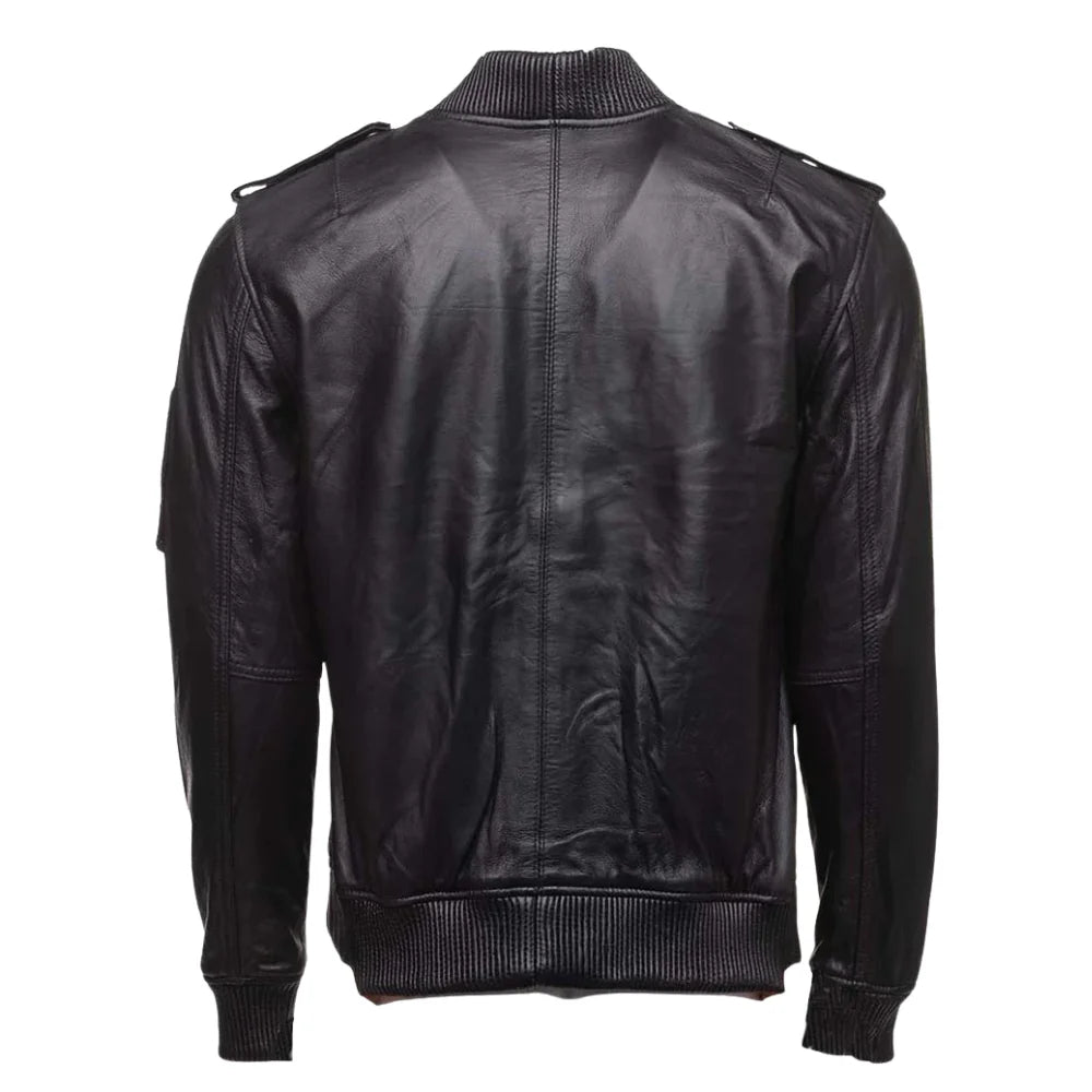 MA 1 Black Bomber Leather Jacket back view black leather bomber jacket