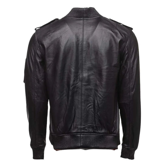 MA 1 Black Bomber Leather Jacket back view black leather bomber jacket