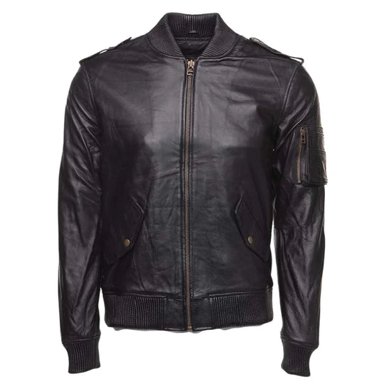 MA 1 Black Bomber Leather Jacket front view classic MA 1 leather bomber jacket