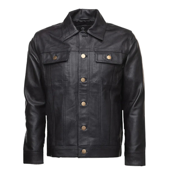 Mason Trucker Leather Jacket front view black leather trucker jacket with classic design