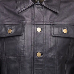 Mason Trucker Leather Jacket close up black leather texture