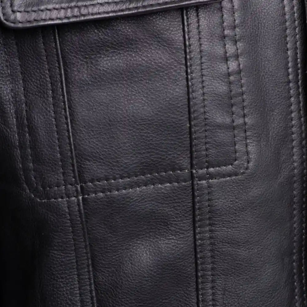 Mason Trucker Leather Jacket close up of chest pocket on leather trucker jacket
