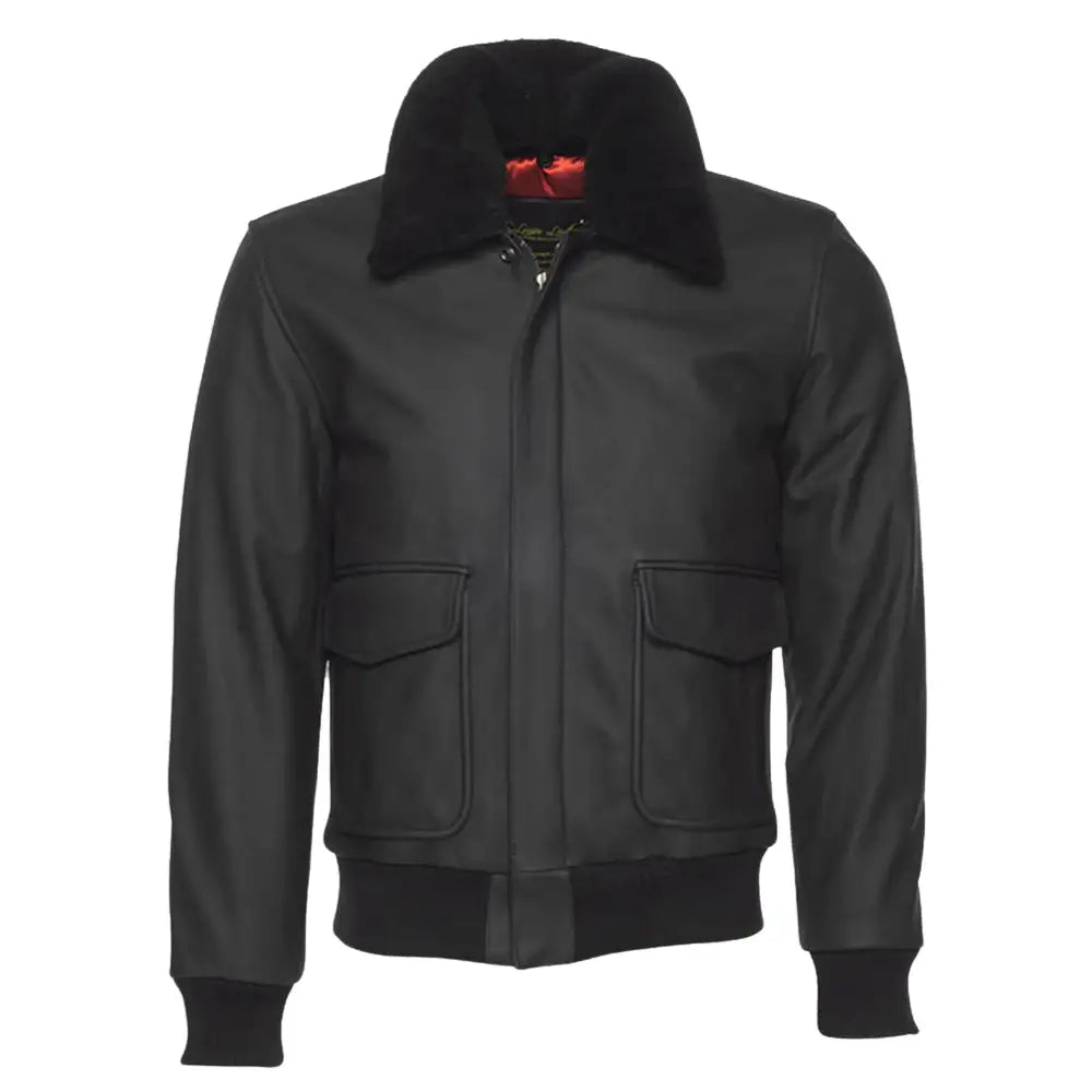 Front view of the matte black A2 bomber leather jacket, with the front unzipped and open.