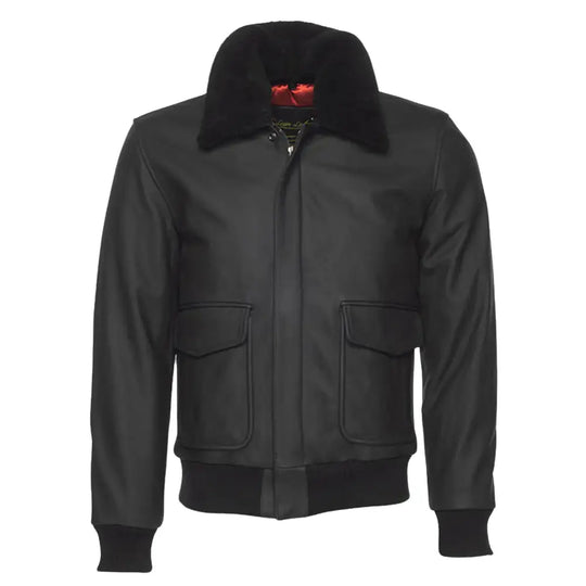 Front view of the matte black A2 bomber leather jacket, with the front unzipped and open.