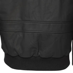 Close-up of the cuff and wrist belt detail on a matte black A2 bomber leather jacket worn by a model