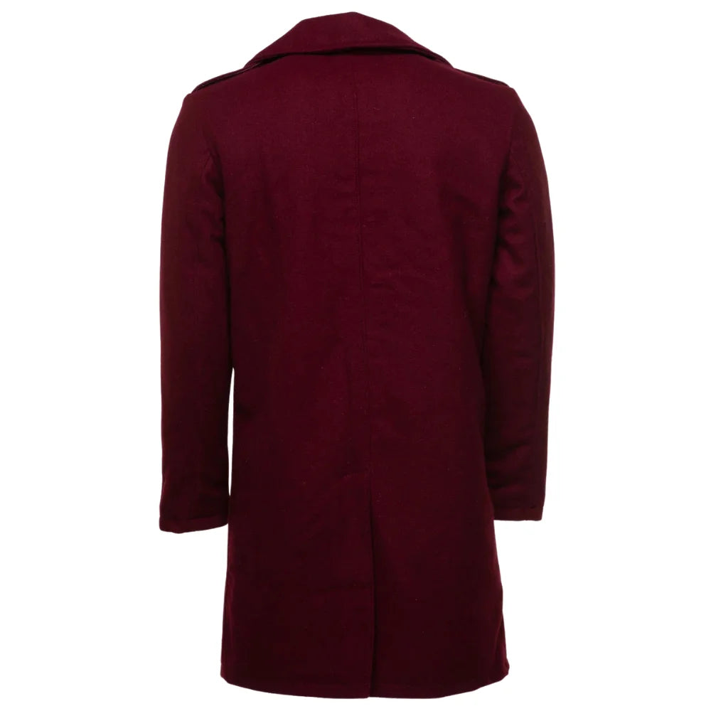 Back view of a men's burgundy wool 3/4 length coat showing a clean tailored finish, central seam, and a traditional single vent at the hem for movement on white background.