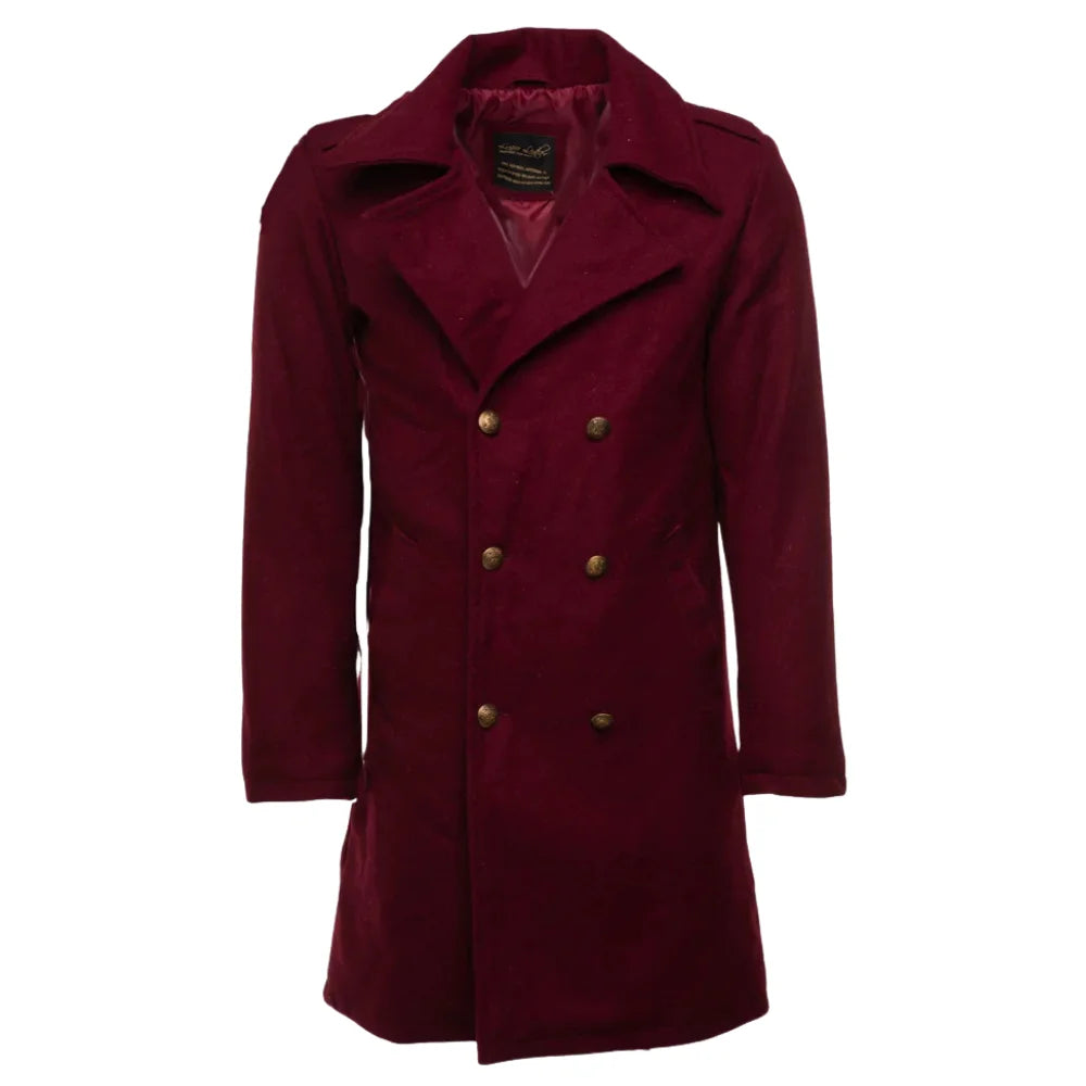 Front view of a men's burgundy wool 3/4 length coat featuring a classic double-breasted design with six gold-tone buttons and wide lapels on white background.