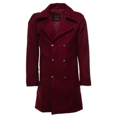 Front view of a men's burgundy wool 3/4 length coat featuring a classic double-breasted design with six gold-tone buttons and wide lapels on white background.
