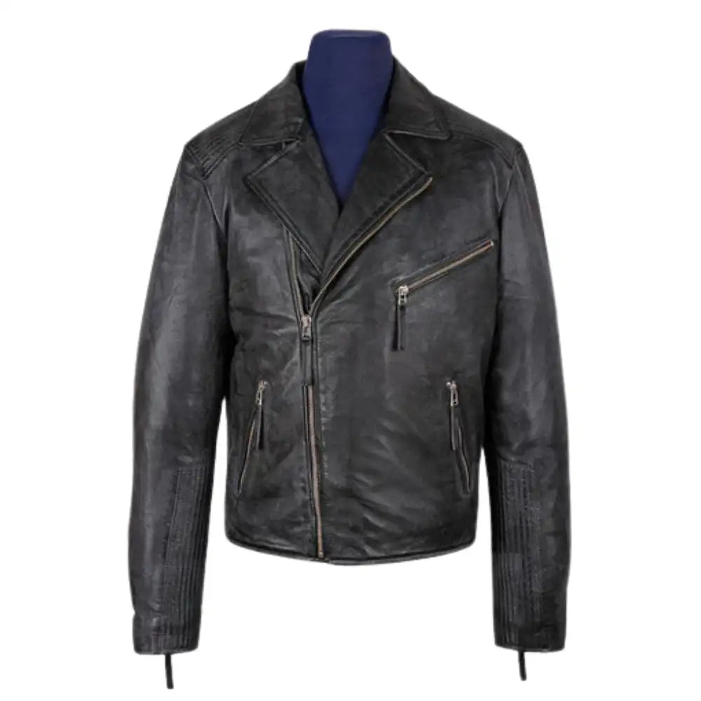 Men's Radom black leather biker jacket shown from the front.