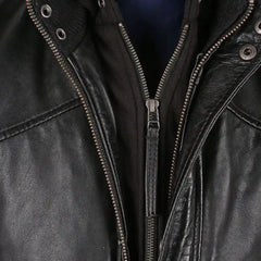 Men's Turku Black Leather Jacket close up zipper on black leather jacket