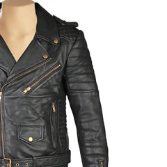 Close-up of zipper and stitching on Mercado's quilted leather biker jacket