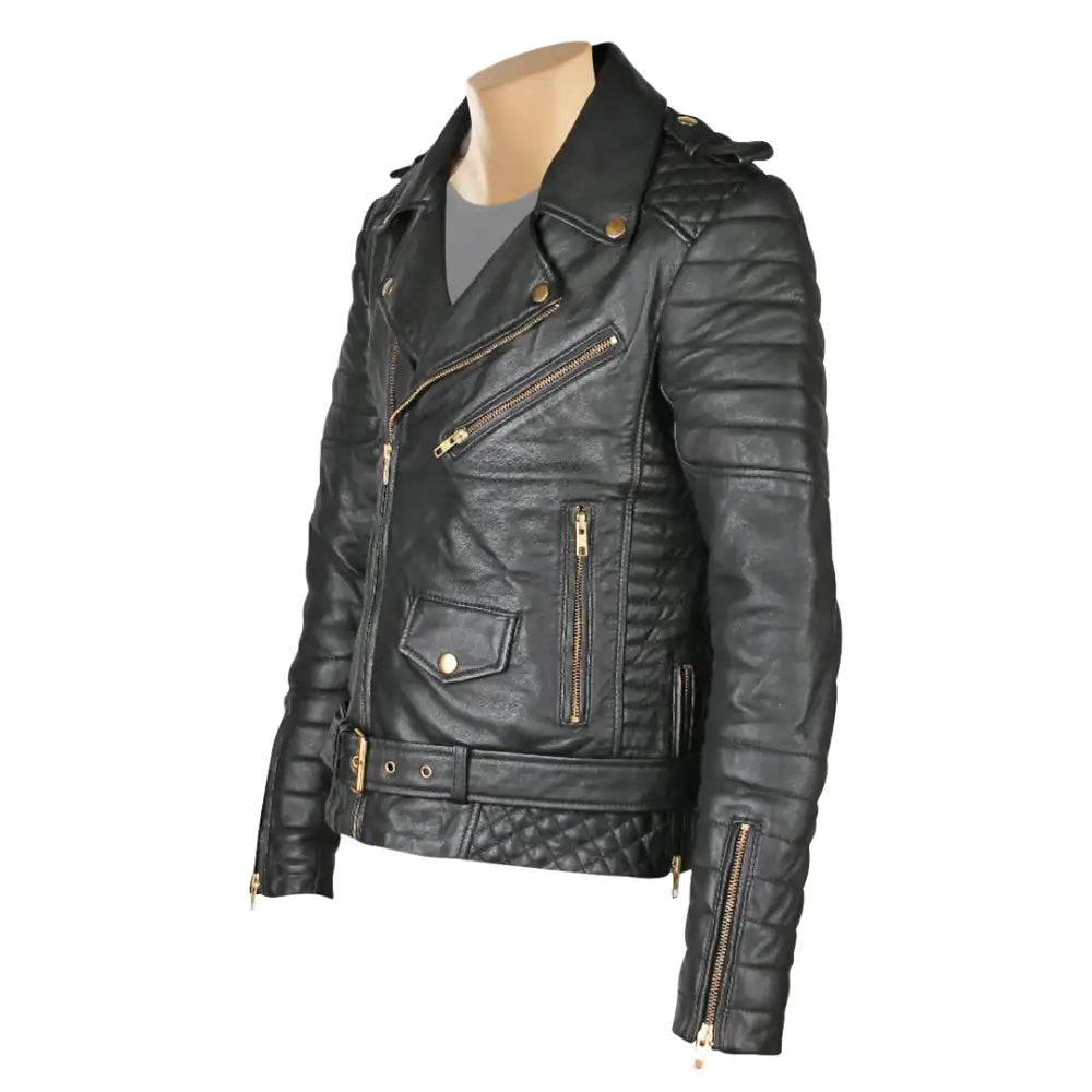 Side angle of Mercado's quilted leather biker jacket with waist belt