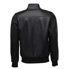Messi Black Bomber Style Leather Jacket back view black leather bomber jacket
