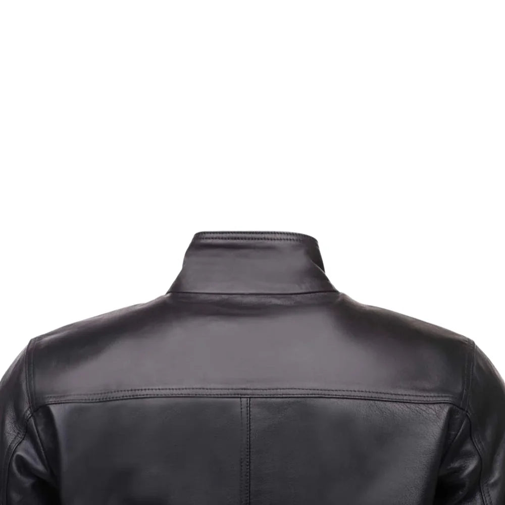 Messi Black Bomber Style Leather Jacket close up back leather panel texture