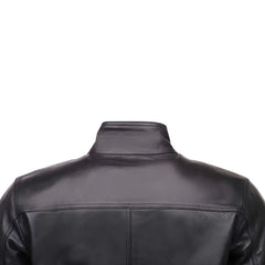 Messi Black Bomber Style Leather Jacket close up back leather panel texture